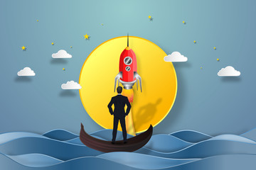 Businessman on the gondola boat and looking the rocket launch and Big full moon on sea in the dark night as business, goal, project start up, paper art and craft style concept. vector illustration.