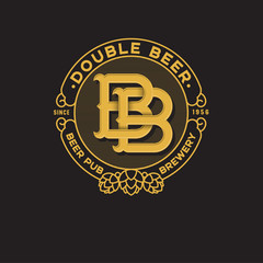 Double B letter. Beer Pub logo. Two beer pub emblem. Yellow monogram double B.