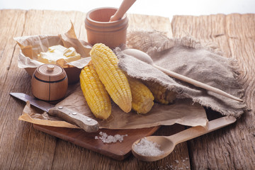 Fototapeta na wymiar boiled corn on cobs