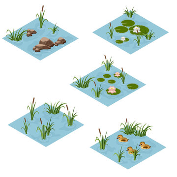 Lake landscape isometric tile set, Cartoon or game asset