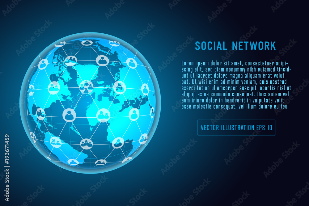Poster glowing global network connection. world map mesh and line as global business, composition concept. 
