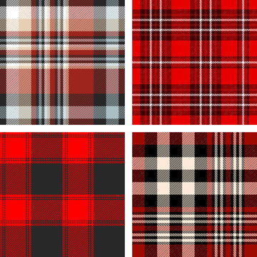 Set of four seamless tartan plaid patterns in shades of red, black, beige, blue and white. 