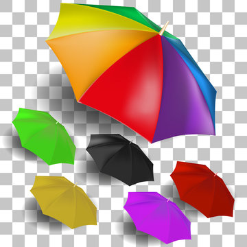 Vector image of a realistic expanded umbrella. Multicolored umbrellas on a transparent background.
