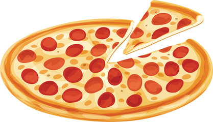 Pepperoni Pizza with Slice. Isolated vector illustration on white background.