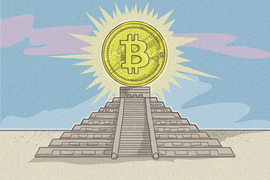 Illustrazione di bitcoin come divinit&agrave; su piramide inca 