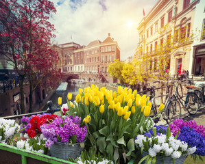 Traditional old buildings and boats in Amsterdam, Netherlands