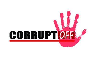 Poster with sign turn off corruption. Symbol print palm with text "off" over text "corruption". Vector illustration