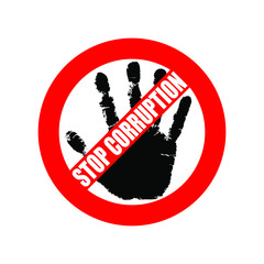 Symbol or sign stop corruption. Red stamp with text "stop corruption" over black hand corruption. Flat icon. Abstract vector illustration.