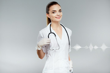 Beautiful nurse in white medical robe