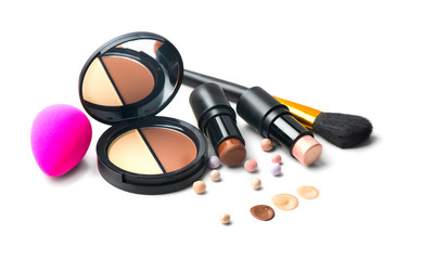 Makeup contour products, make up artist tools. Face contouring make-up. Highlight, shade, contour...