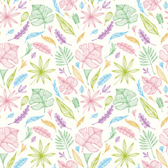 Seamless pattern from hand  draw structure of  tropic leaves colorful on white in line art for creative design package of  cosmetic or  perfume or for design of  botanical theme