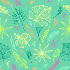 Seamless pattern from hand  draw structure of  tropic leaves colorful on green in line art for creative design package of  cosmetic or  perfume or for design of  botanical theme