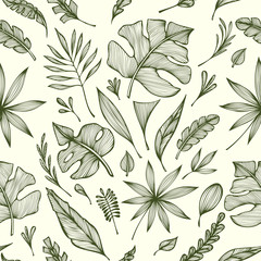 Seamless pattern from Hand draw structure of tropic leaves black on white in line art for design flyer banner or for decoration package of  tea or cosmetic or  perfume or for design of botanical theme