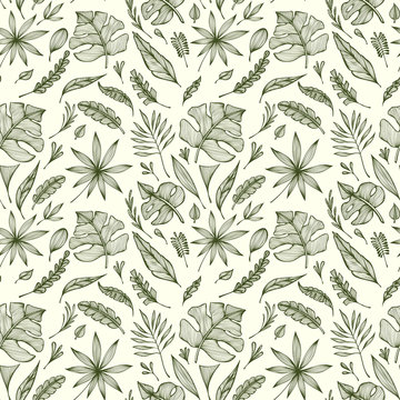 Seamless pattern from Hand draw structure of tropic leaves black on white in line art for design flyer banner or for decoration package of  tea or cosmetic or  perfume or for design of botanical theme