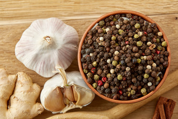 Composition of powder spices on spoon and different sorts of spicies on wooden table background,...