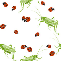 Grasshoppers and ladybugs on a white background. Seamless vector pattern.