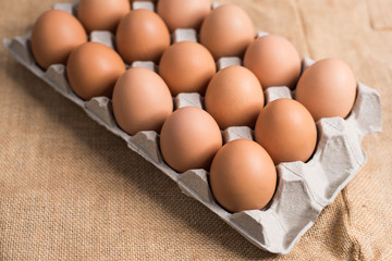 Eggs in the egg panel on cloth background.
