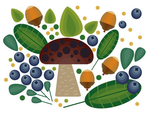 Vector flat style vector forest mushrooms and forest element.Traditional with forest berries and mushroom, strawberries, deep, blueberries, mountain ash, cranberries, leaf, nuts.
