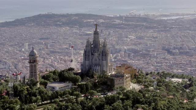 Aerial view of Tibidabo at daylight with amusement park