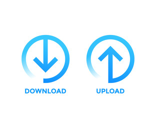 download, upload icons with arrow in circle, blue on white - obrazy, fototapety, plakaty