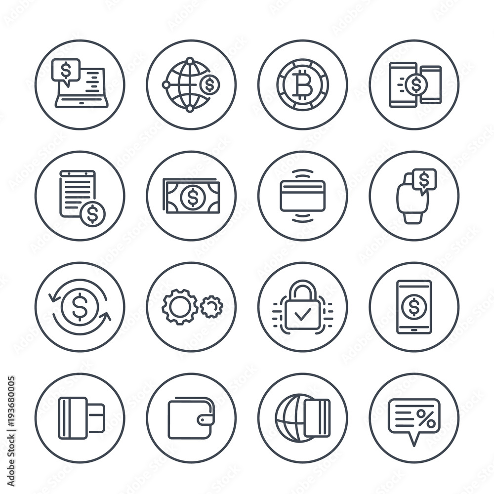 Poster payment methods and internet banking icons set on white in linear style