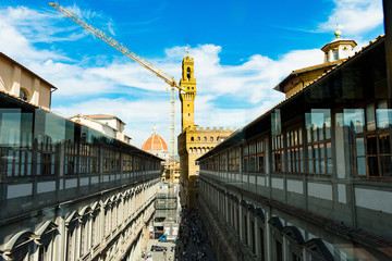 the Uffizi gallery with a construction crane, Florence, Tuscany, Italy