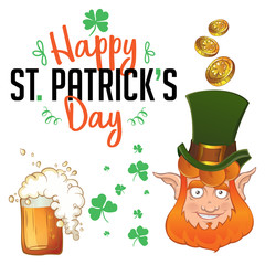 Happy St. Patrick's Day clip art set. Leprechaun face, gold coins, mug of beer, clover icons.