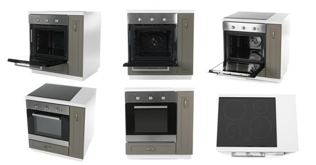 Set of electric ovens on white background