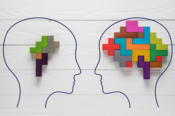Genetic Brain disorder. Health and ailing brain. Mental health and mental disorder concept. Heads with shapes of abstract brain. Two human heads silhouette with small and big brain. Brain Diseases.