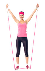 Young happy woman doing fitness exercises, on white