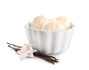 Bowl with delicious vanilla ice cream on white background