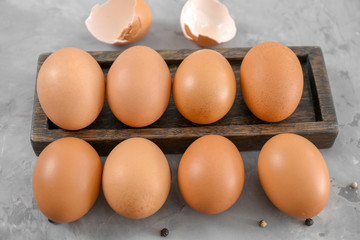Chicken eggs on table
