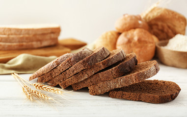 Slices of rye bread on table