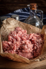 Minced meat on wooden background.