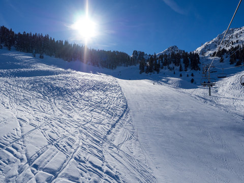 Landscape of ski slopes and mountains in Family Park of Courchevel, France. January, 2018