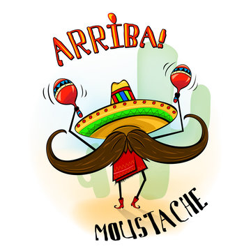 Arriba mustache musician mascot. Vector illustration of cartoon mustache character in sombrero, poncho red boots and maracas. Good for posters, t-shirt prints, stickers, invitations. 
