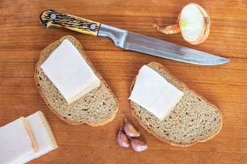 Fototapeta na wymiar high-calorie and nutritious food to restore strength: bread, fat, onions and garlic