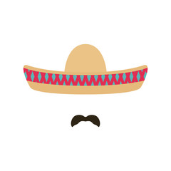 Mexican man with sombrero and mustache. Sombrero with colorful geometric ornament. Vector illustration.