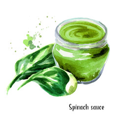 Spinach sauce. Watercolor hand drawn illustration, isolated on white background