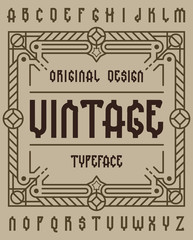 Retro typeface set with decorative ornament frame for making label design.