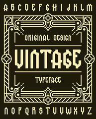Retro typeface set with decorative ornament frame for making label design.