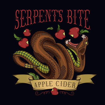 "Serpent's bite" apple cider label. Illustration of viper snake biting an apple. 