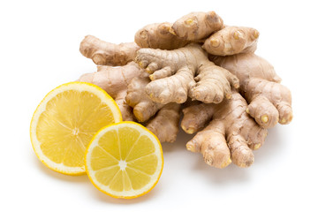 Ginger bio and lemon on white background.