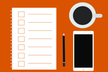 A notebook with a pen, a mobile phone and a coffee