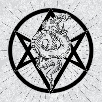 Viper snake in thelema hexagram . Hand drawn illustration in outline technique with star rays, thelema sign and grunge background. Satanic, occult symbol.