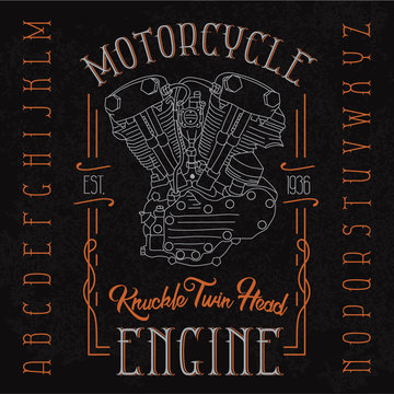 Stylish retro font set with knuckle twin head motorcycle engine. Biker poster, t-shirt design with on grunge background. 