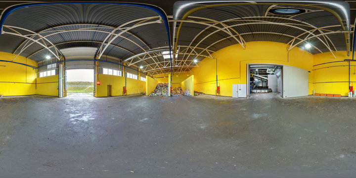 360 panorama in interior stock storage of plastic bales at the waste processing recycling plant. Full 360 angle view seamless panorama in equirectangular projection.