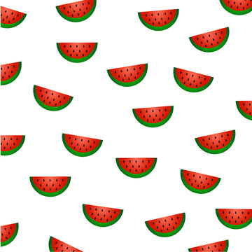Summer fruit pattern: watermelon slices with red pulp, green peel and black seeds are scattered chaotically on a white background. A simple flat vector.