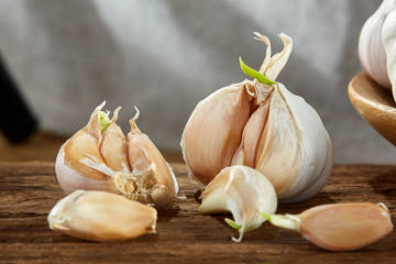 Garlic close up on wooden plate on rustic background, shallow depth of field, selective focus, macro