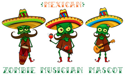 Mexican zombie musicians mascot. Cartoon zombies with music instruments, mexican hats and clothes. Good for posters, t-shirt prints, stickers, invitations. 